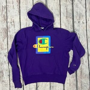 Champion Reverse Weave Purple Logo Hoodie Pullover Sweatshirt